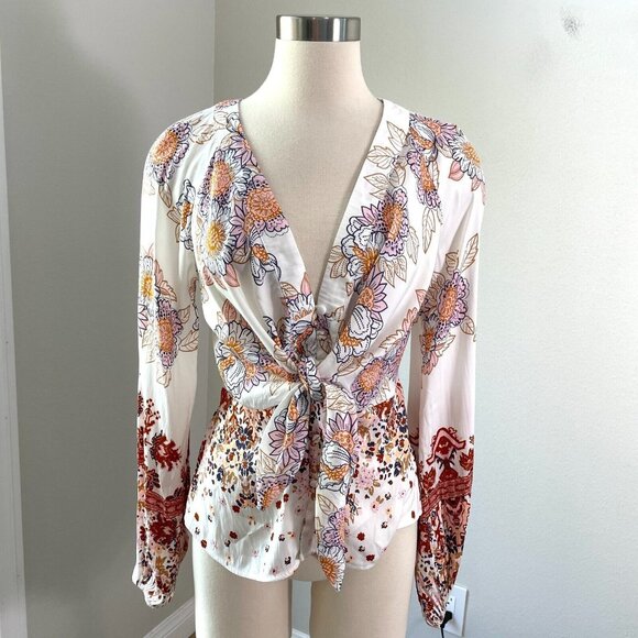 Free People Womens Small Run Free Tunic Top Tie Front Floral Paisley - Picture 1 of 15